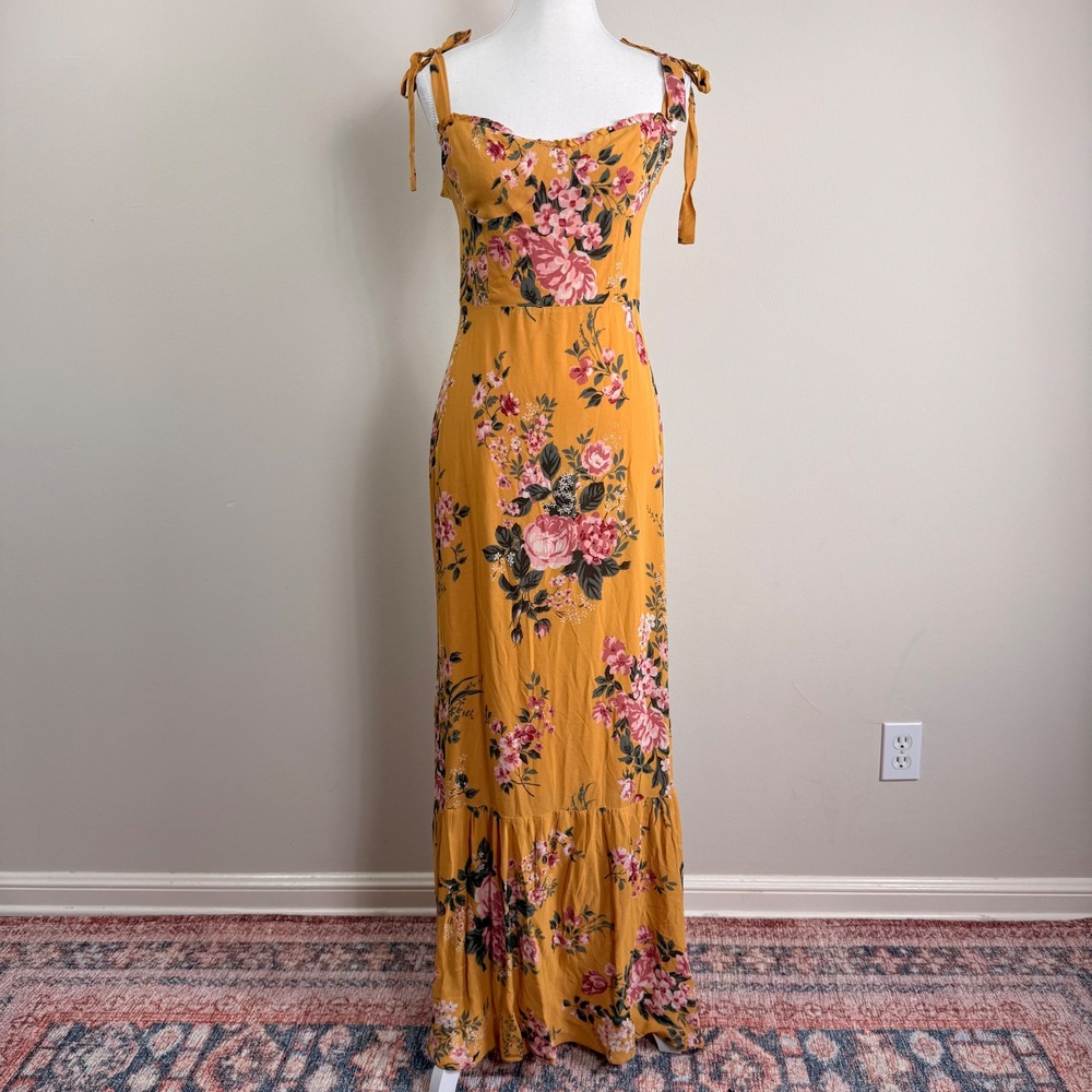 Reformation Jasen Dress Anjelica Yellow Floral Tie Strap Maxi Dress Size 6 - Picture 3 of 12
